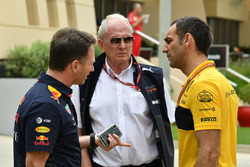Christian Horner, Red Bull Racing Team Principal, Dr Helmut Marko, Red Bull Motorsport Consultant and Cyril Abiteboul, Renault Sport F1 Managing Director