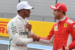 Lewis Hamilton, Mercedes-AMG F1 and Sebastian Vettel, Ferrari celebrate in parc ferme