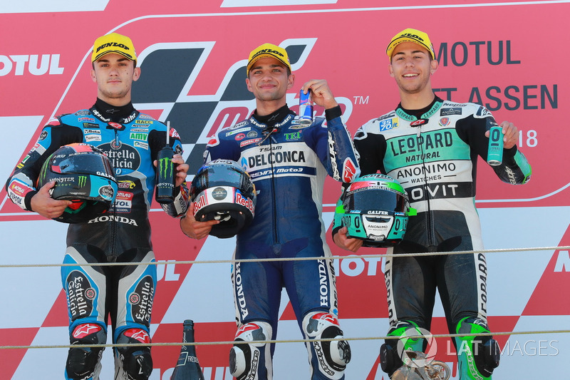 Podium: segundo clasificado Aron Canet, Estrella Galicia 0,0, ganador de la carrera Jorge Martin, Del Conca Gresini Racing Moto3, tercer clasificado Enea Bastianini, Leopard Racing