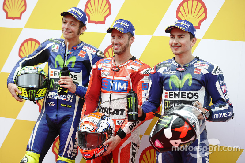 1. Andrea Dovizioso, Ducati Team; 2. Valentino Rossi, Yamaha Factory Racing; 3. Jorge Lorenzo, Yamah