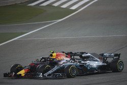Lewis Hamilton, Mercedes AMG F1 W09, and Max Verstappen, Red Bull Racing RB14 Tag Heuer, make contact resulting in a puncture for the latter