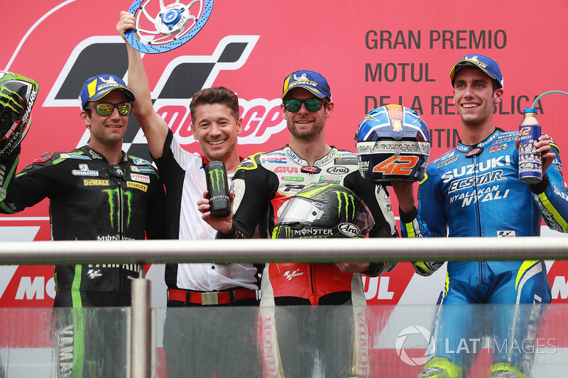 Second place Johann Zarco, Monster Yamaha Tech 3, Lucchinello, Race winner Cal Crutchlow, Team LCR Honda, Third place Alex Rins, Team Suzuki MotoGP