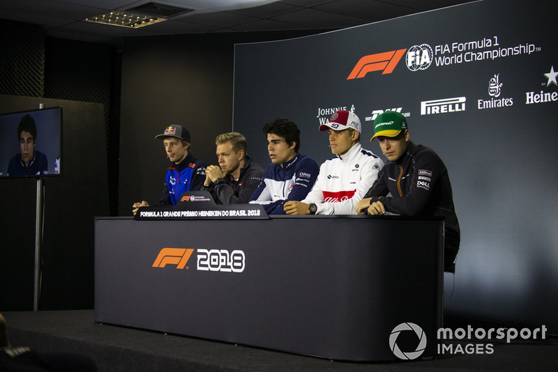Brendon Hartley, Scuderia Toro Rosso, Kevin Magnussen, Haas F1 Team, Lance Stroll, Williams Racing, Marcus Ericsson, Sauber e Stoffel Vandoorne, McLaren, in conferenza stampa