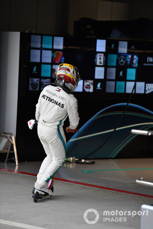 Lewis Hamilton, Mercedes AMG F1 on a scooter