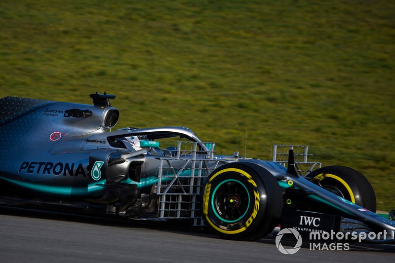 Valtteri Bottas, Mercedes AMG F1 W10, carries a test rig