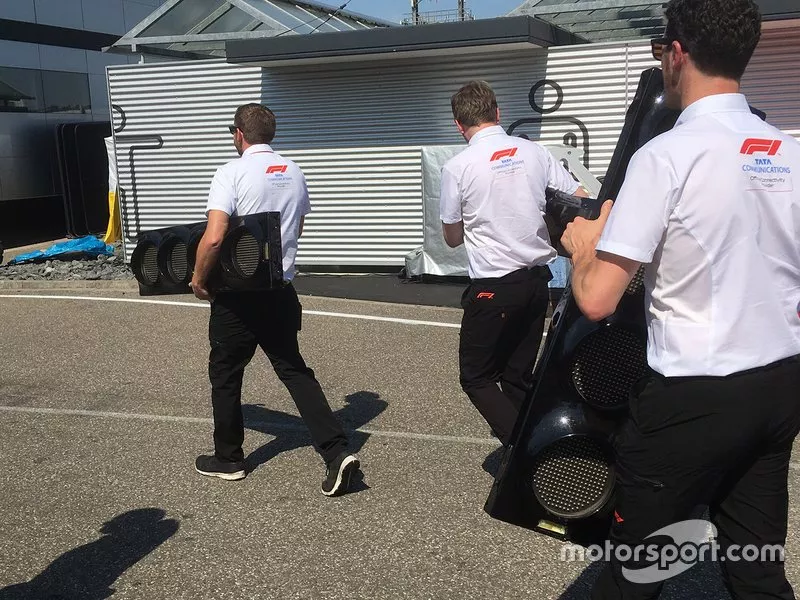 Broken German GP start lights after a bus crashed into them
