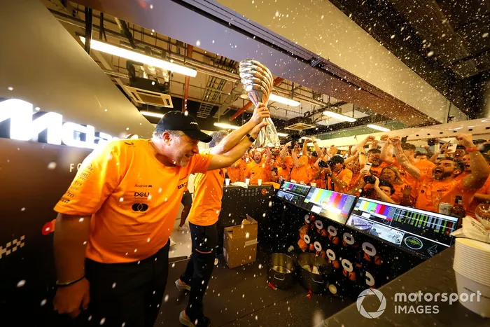 Zak Brown, CEO, McLaren Racing,rea Stella, Team Principal, McLaren F1 Team, the McLaren team celebrate after securing the Constructors title