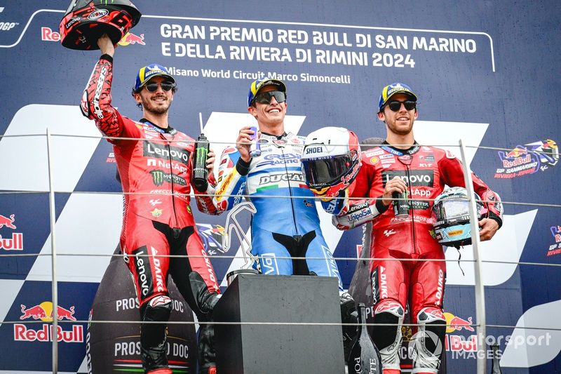 Marc Marquez, Gresini Racing Team, Francesco Bagnaia, Ducati Team, Enea Bastianini, Ducati Team podium
