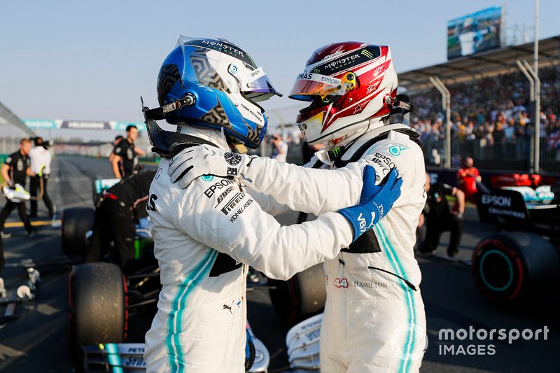 Pole Sitter Lewis Hamilton, Mercedes AMG F1 and Valtteri Bottas, Mercedes AMG F1 in Parc Ferme