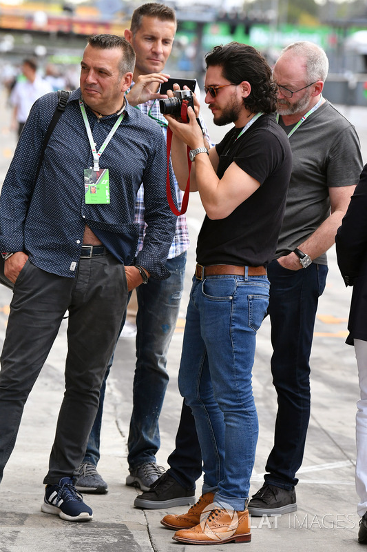 Liam Cunningham, Actor and Kit Harington, Actor, Ted Dobrzynski, viagp.com and Stefano Zuech, Motorsport Consultant