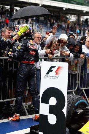 Max Verstappen, Red Bull Racing RB12 celebrates finishing in third position in parc ferme