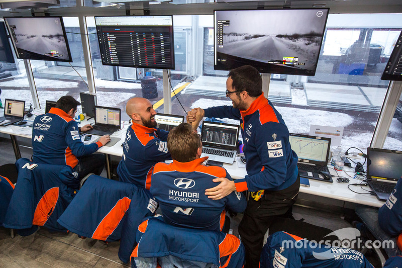 Hyundai Motorsport team members celebrate the win