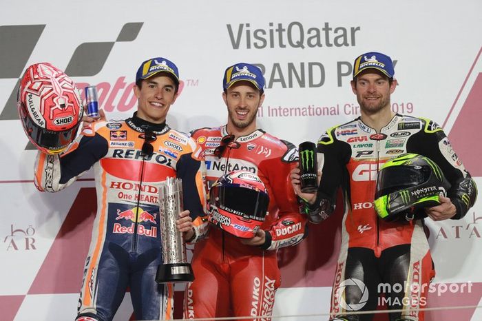 Podio: il secondo classificato Marc Marquez, Repsol Honda Team, il vincitore della gara Andrea Dovizioso, Ducati Team, il terzo clasificato Cal Crutchlow, Team LCR Honda