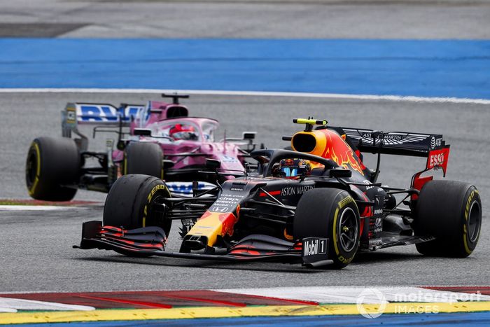 Alex Albon, Red Bull Racing RB16, leads Sergio Perez, Racing Point RP20