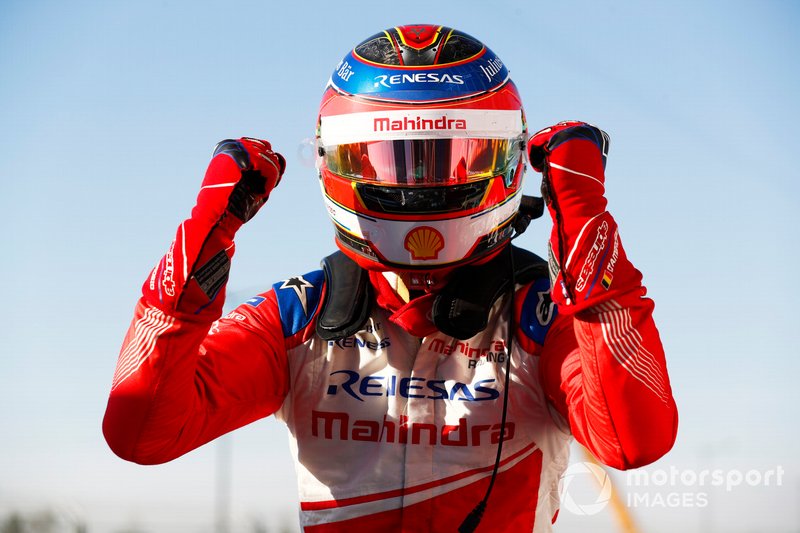 Jérôme d'Ambrosio, Mahindra Racing, M5 Electro, celebrates as he climbs from his car in Parc Ferme after winning the race