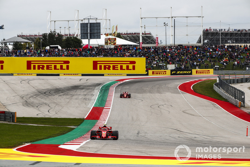 Kimi Raikkonen, Ferrari SF71H, leads Sebastian Vettel, Ferrari SF71H