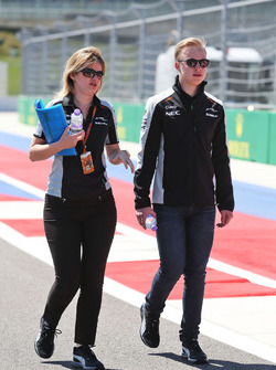 Nikita Mazepin, Sahara Force India F1 Team Development Driver walks the circuit with Bernadette Coll
