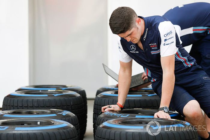 Ingeniero Williams Racing marcando neumáticos de mojados Pirelli