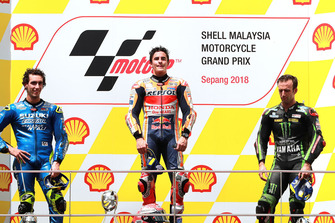 Podio: il vincitore della gara Marc Marquez, Repsol Honda Team, il secondo classificato Alex Rins, Team Suzuki MotoGP, il terzo classificato Johann Zarco, Monster Yamaha Tech 3