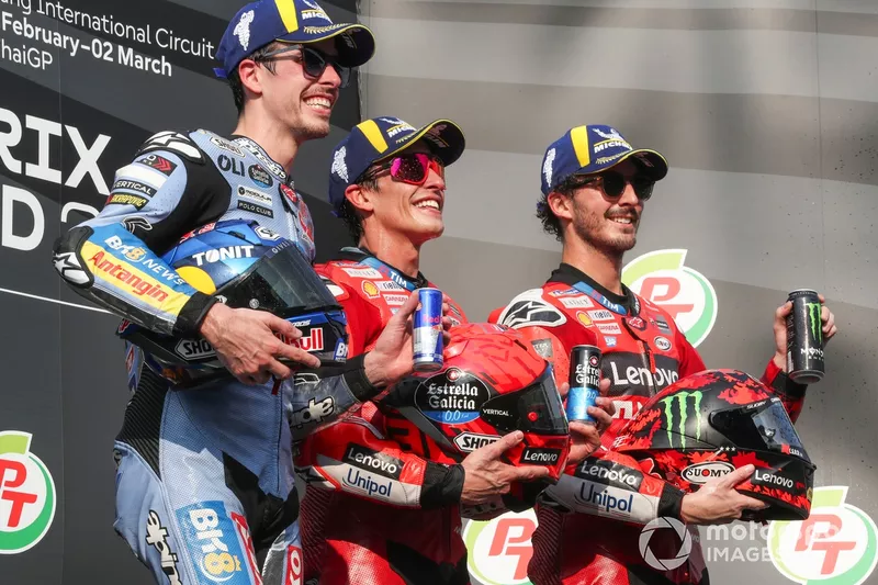 Marc Marquez, Ducati Team, Alex Marquez, Gresini Racing, Francesco Bagnaia, Ducati Team podium