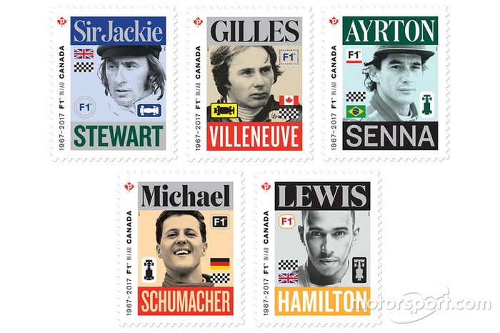 Sello de correos de Sir Jackie Stewart, Gilles Villeneuve, Ayrton Senna, Michael Schumacher y Lewis Hamilton