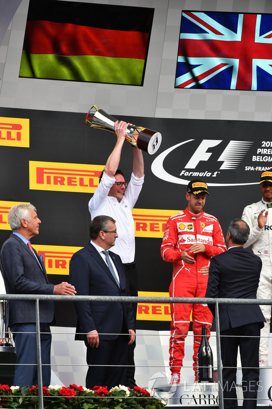 Andy Shovlin, Mercedes AMG F1 Engineer, celebrates on the podium