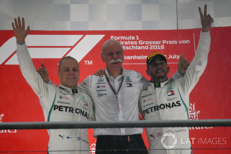 Valtteri Bottas, Mercedes-AMG F1, Dr. Dieter Zetsche, CEO of Daimler AG and Lewis Hamilton, Mercedes-AMG F1 celebrate on the podium