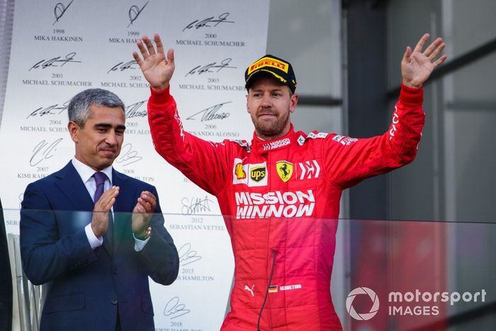 Sebastian Vettel, Ferrari, terzo, arriva sul podio