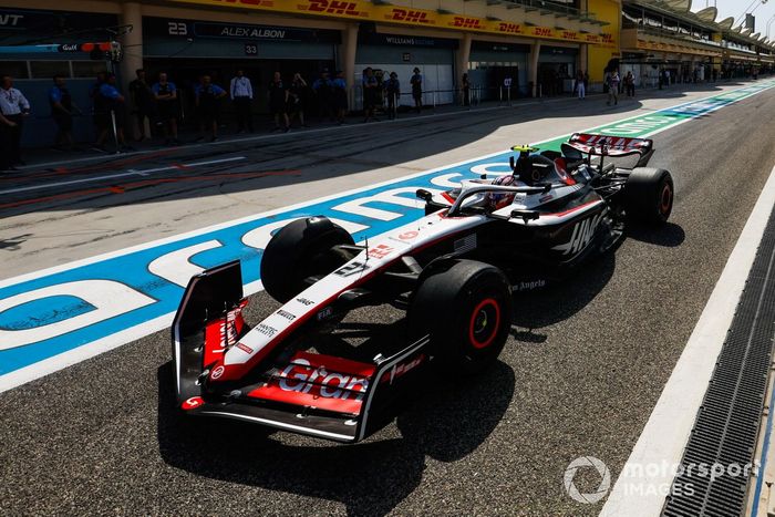 Nico Hulkenberg, Haas VF-23, in the pit lane