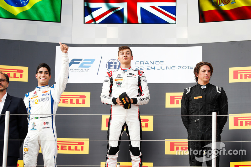 Podium: second place Sergio Sette Camara, Carlin, winner George Russell, ART Grand Prix, third place Roberto Merhi, MP Motorsport