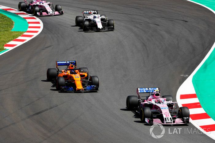 Esteban Ocon, Force India VJM11, Fernando Alonso, McLaren MCL33, Lance Stroll, Williams FW41, Sergio Perez, Force India VJM11