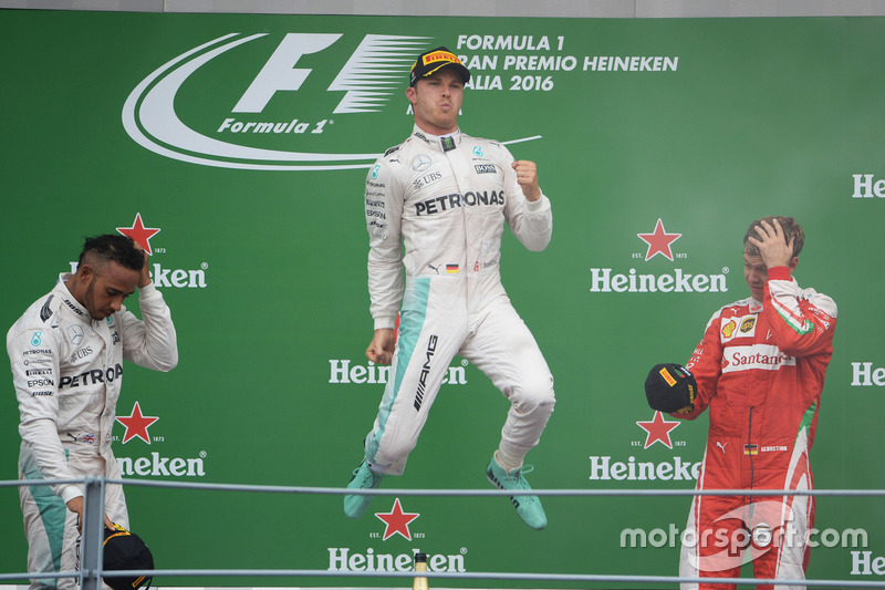 The podium (L to R): second place Lewis Hamilton, Mercedes AMG F1; Race winner Nico Rosberg, Mercedes AMG F1; third place Sebastian Vettel, Ferrari