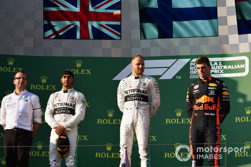 Lewis Hamilton, Mercedes AMG F1, 2nd position, Valtteri Bottas, Mercedes AMG F1, 1st position, and Max Verstappen, Red Bull Racing, 3rd position, on the podium