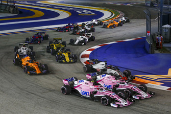 Esteban Ocon, Racing Point Force India VJM11, Sergio Perez, Racing Point Force India VJM11 and Romain Grosjean, Haas F1 Team VF-18