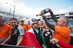 Sergio Perez, Sahara Force India F1 celebrates his third position with the team
