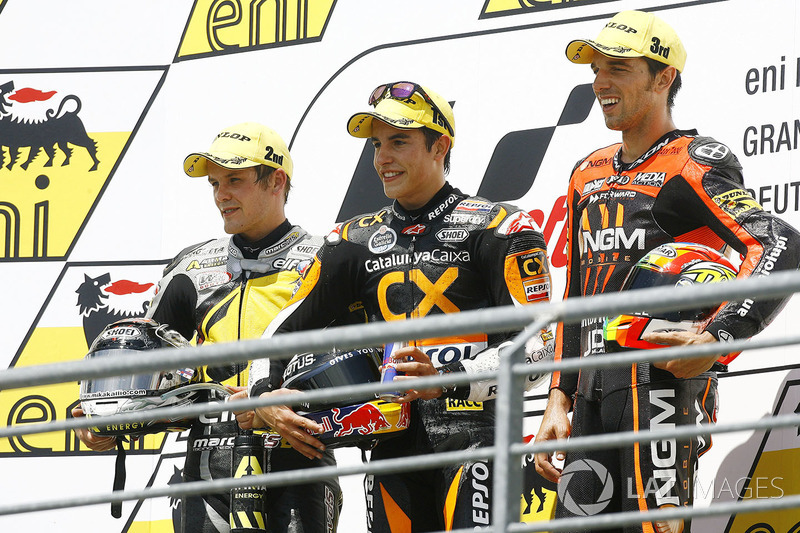 Podium: winnaar Marc Marquez, tweede Stefan Bradl, derde Alex de Angelis