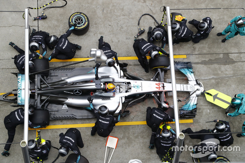 Lewis Hamilton, Mercedes AMG F1 W08, makes a stop