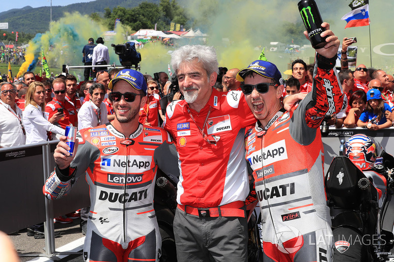 Second place Andrea Dovizioso, Ducati Team, Gigi Dall'Igna, Ducati Team General Manager, winner Jorge Lorenzo, Ducati Team