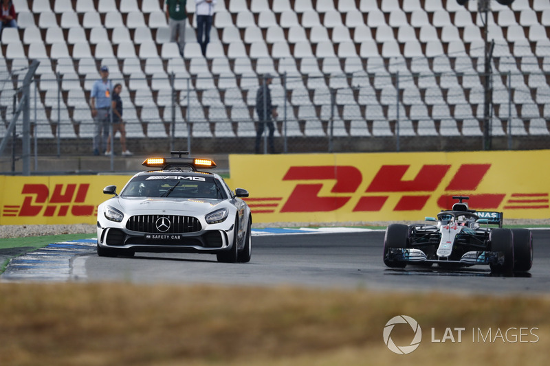 A safety car leads Lewis Hamilton, Mercedes AMG F1 W09