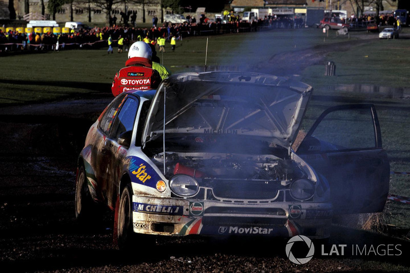 The Toyota Corolla of Carlos Sainz, Luis Moya after failing within yards of the finishing line in Margam Park losing them the 1998 World Rally Championship