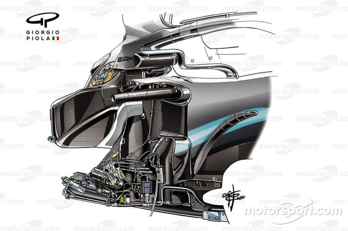Mercedes AMG F1 W10: protuberancia del chasis superior para acomodar los 110 kg de gasolina