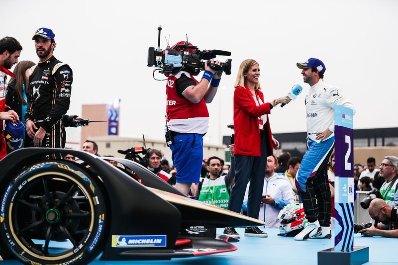 TV Presenter Nicki Shields interviews winner Antonio Felix da Costa, BMW I Andretti Motorsports before the podium