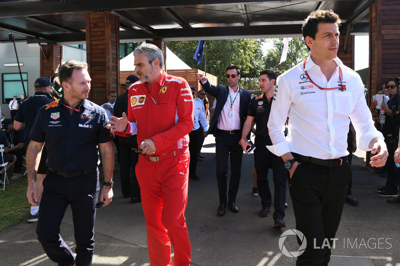 Christian Horner, Red Bull Racing Team Principal, Toto Wolff, Mercedes AMG F1 Director of Motorsport and Maurizio Arrivabene, Ferrari Team Principal