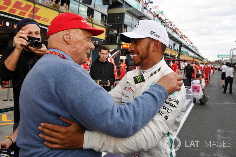 Pole sitter Lewis Hamilton, Mercedes-AMG F1 celebrates in parc ferme with Niki Lauda, Mercedes AMG F