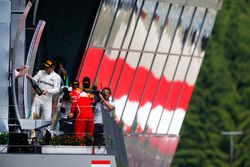 Winner Valtteri Bottas, Mercedes AMG F1, sprays champagne on the podium, Sebastian Vettel, Ferrari, Daniel Ricciardo, Red Bull Racing