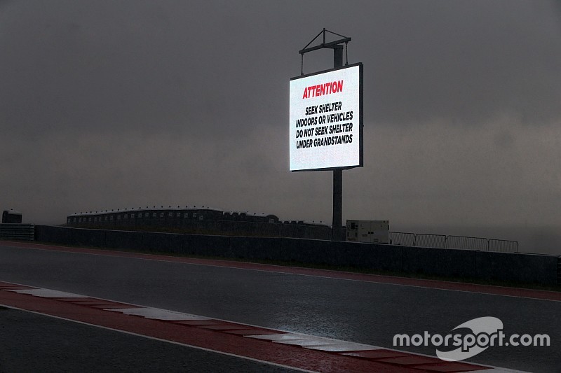 Heavy rainfall delays the start of FP2 as warning signs are displayed around the circuit