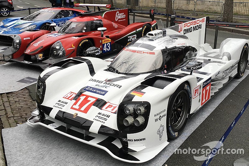 Porsche 919 Hybrid, RGR Sport by Morand Ligier JS P2, Ford GT on display in the streets of Paris