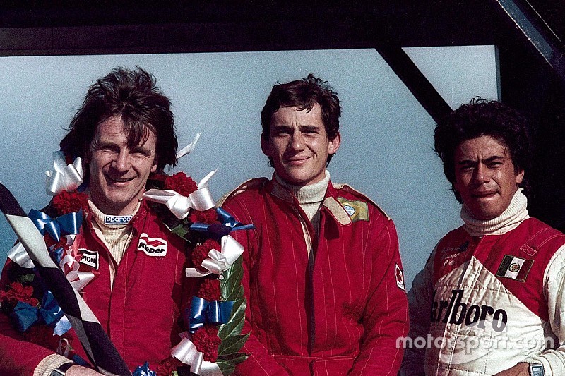 Race winner Rick Morris, series champion and second place Ayrton Senna, third place Alfonso Toledano