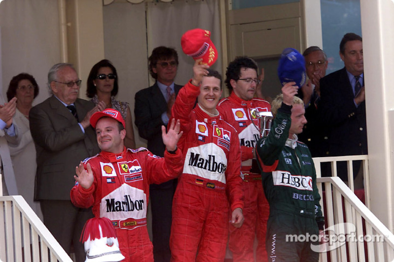 The podium: Rubens Barrichello, Michael Schumacher and Eddie Irvine