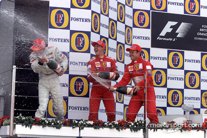 The podium: Mika Hakkinen, Michael Schumacher and Rubens Barrichello